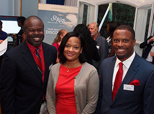 (L-R) Chief Executive Officer of the Nevis Tourism Authority Greg Phillip, Chief Executive Officer of the St. Kitts Tourism Authority Raquel Brown and Deputy Premier of Nevis and Minister of Tourism Hon. Mark Brantley at a cocktail for tourism partners held at the High Commission of St. Kitts and Nevis in London on September 29,